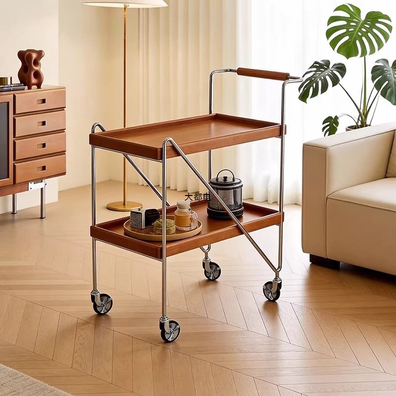 中古风实木双层带轮边几收纳