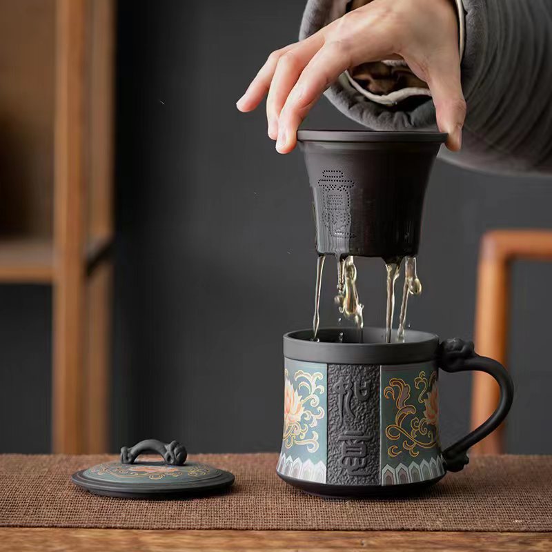 紫砂手绘茶杯带盖过滤茶水分离杯家用个人专用高档办公杯泡茶水杯