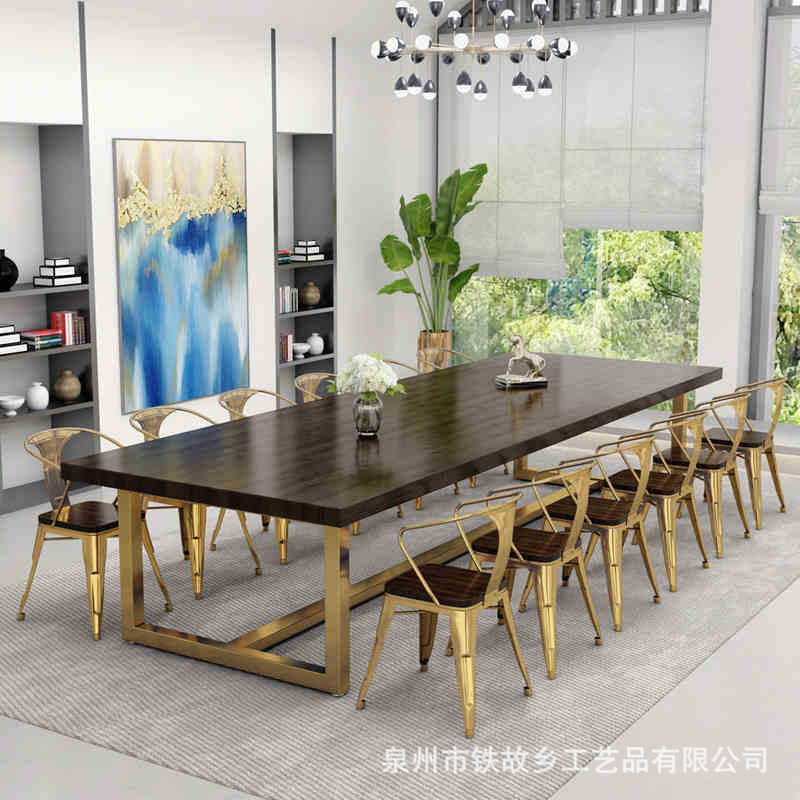 开会培训办公洽谈会议桌 简约实木长条多人办公家具 北欧铁艺桌椅