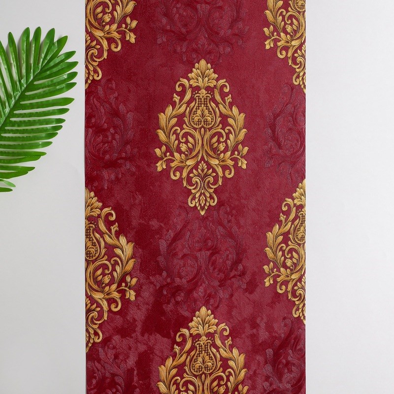 故宫红3D复古欧式大花墙纸客厅餐厅酒店奢华大红深咖色背景墙壁纸