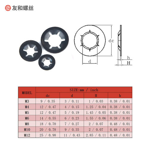 梅花孔挡圈轴承夹梅花型夹65锰钢￠3-12套装340pcs卡簧孔用