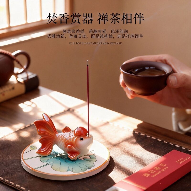 桌面金鱼摆件富贵有余线香插礼盒装送礼家用桌面香薰器具