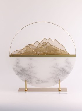 新中式现代轻奢假l山样板房书房玄关摆件办公桌博古酒店软装饰品