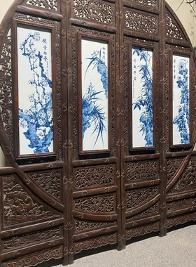 古玩花梨木镶瓷板画n手绘双面圆形屏风王步花鸟王步作青花山水家