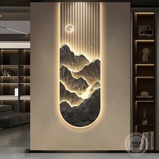 现代轻奢玄关装饰画竖版长条客厅走D廊过道挂画高级感山水墙壁灯