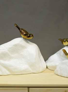 现代新中式家居饰品树脂假山峰小鸟摆G件样板房间酒店石头造景工