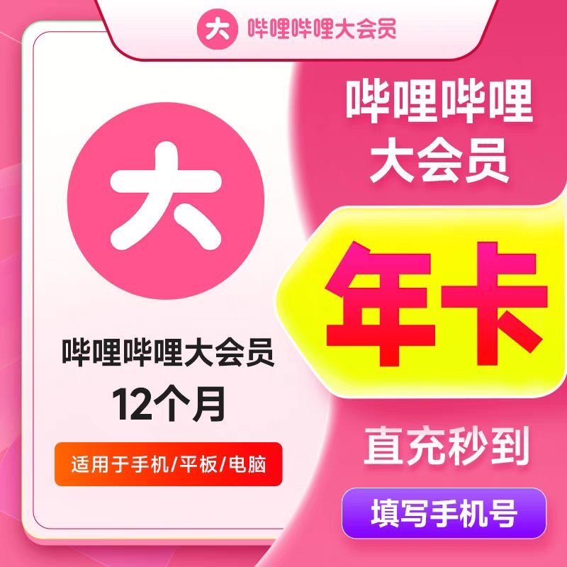 直充秒到哔哩哔哩大会员年卡 bilibili12个月不支持电视端【B站】