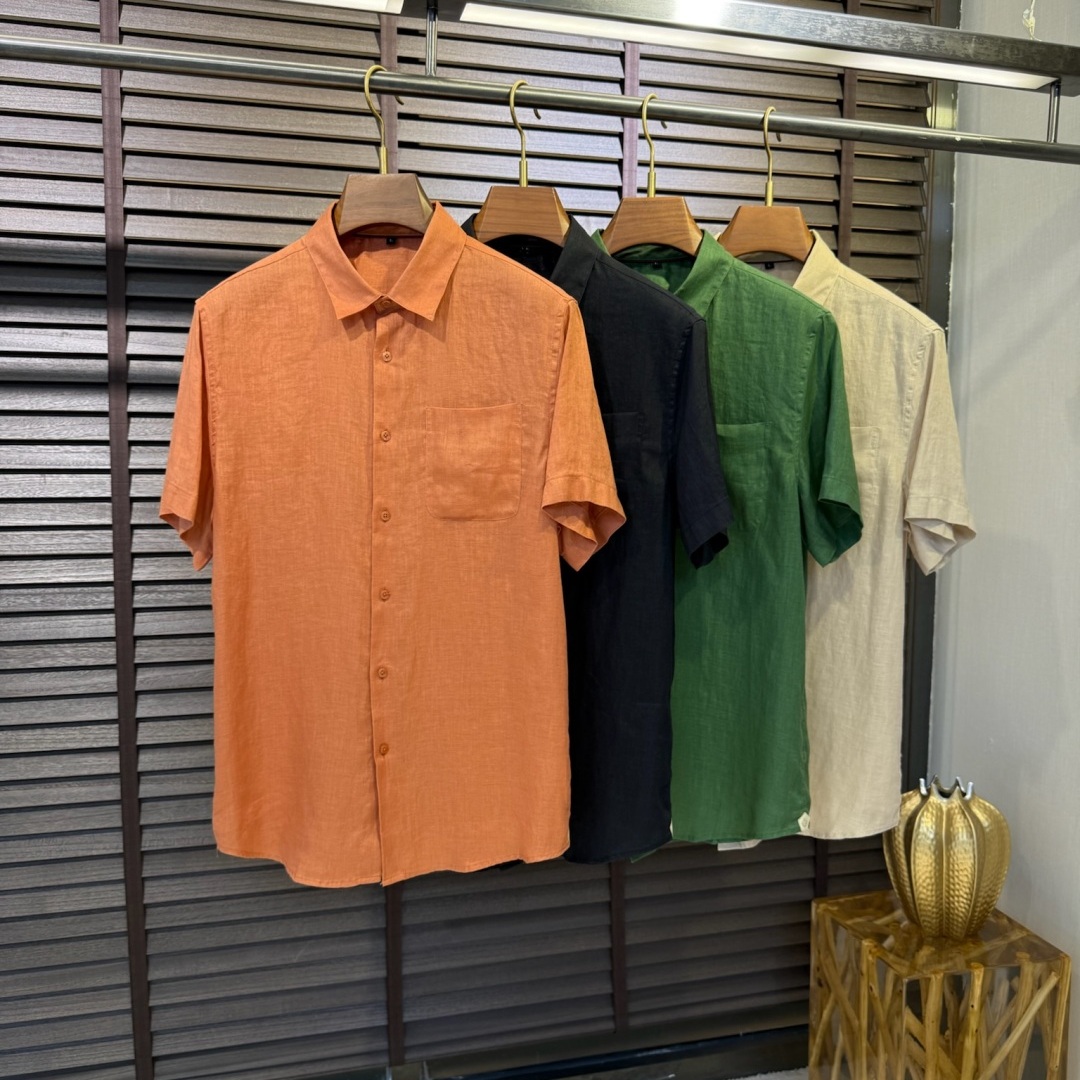 Lor*opi*na2025年早春夏季新款高品质男士休闲亚麻短袖衬衫M -3XL
