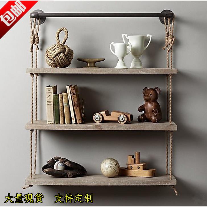 美式铁艺水管壁挂置物架创意麻绳隔板架实木墙壁一字隔板装饰