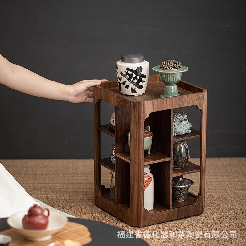 胡桃实木复古茶具茶具桌面茶杯架配件多宝阁日式旋转多层收纳柜