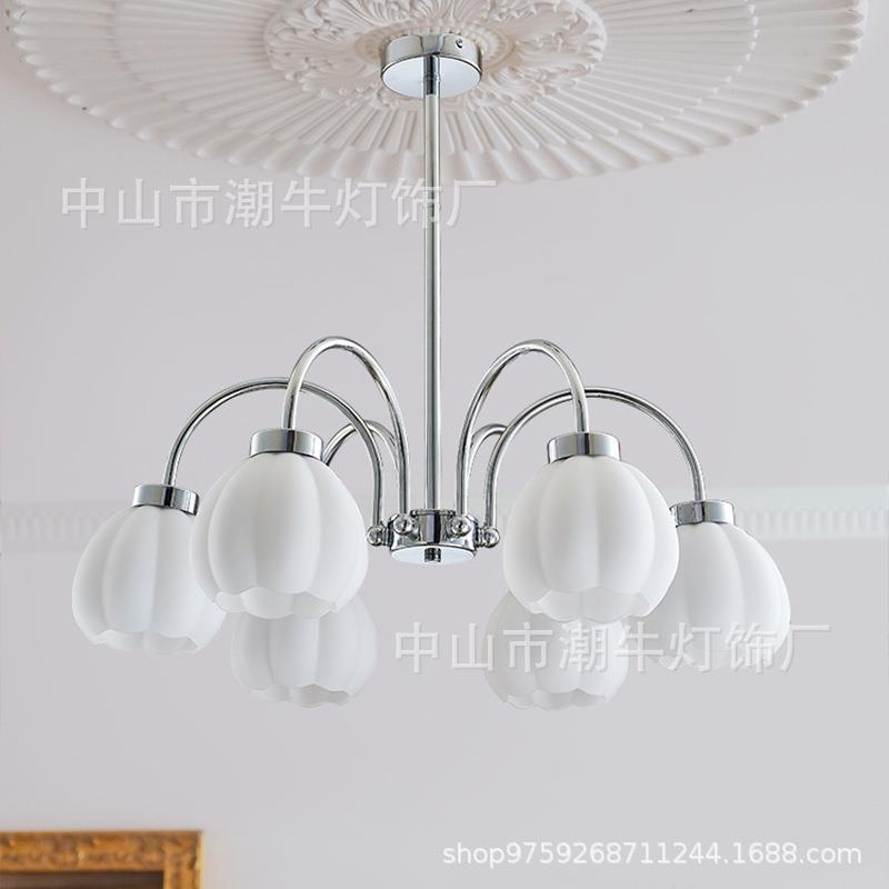 新款北欧卧室客厅美式中古吊灯简约玻璃法式客厅餐厅花苞南瓜吊灯