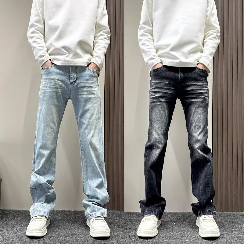 春秋新款浅蓝色cheanfit水洗牛仔裤男士潮牌微喇显瘦休闲直筒裤子