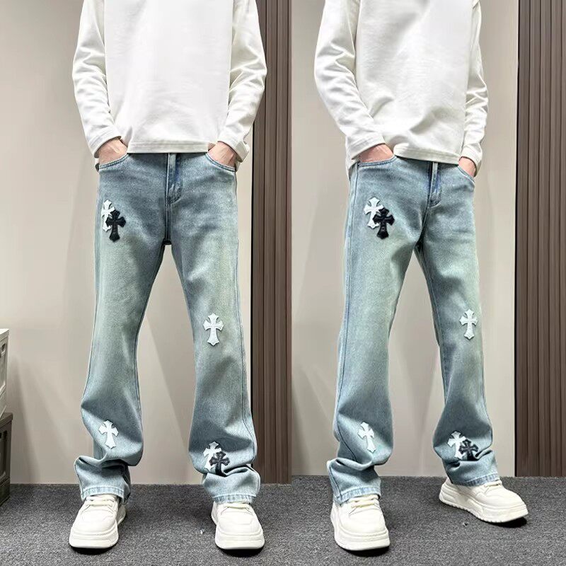 美式潮牌十字架微喇水洗蓝色牛仔裤男款cleanfit春秋直筒休闲裤子