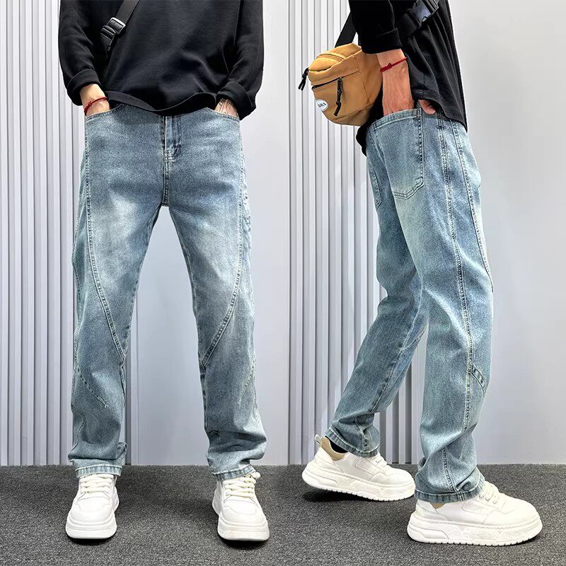 潮牌蓝色立体拼接直筒牛仔裤男款春夏新款修身小脚裤痞帅显瘦男裤