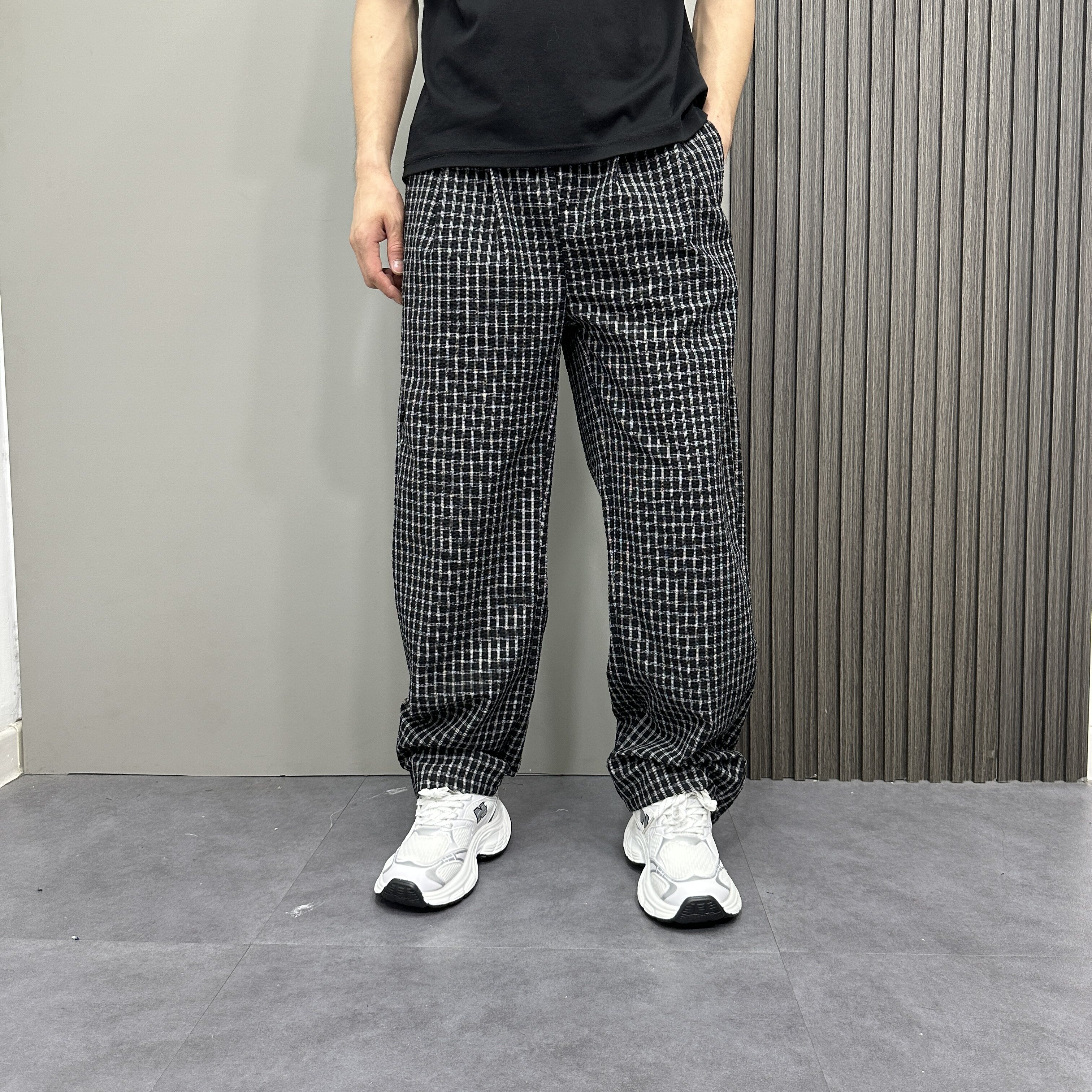 夏季老钱风黑色泡泡纱弯刀格子裤