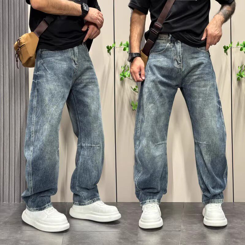 美式复古弯刀牛仔裤男款潮牌cleanfit设计感宽松解构直筒阔腿长裤