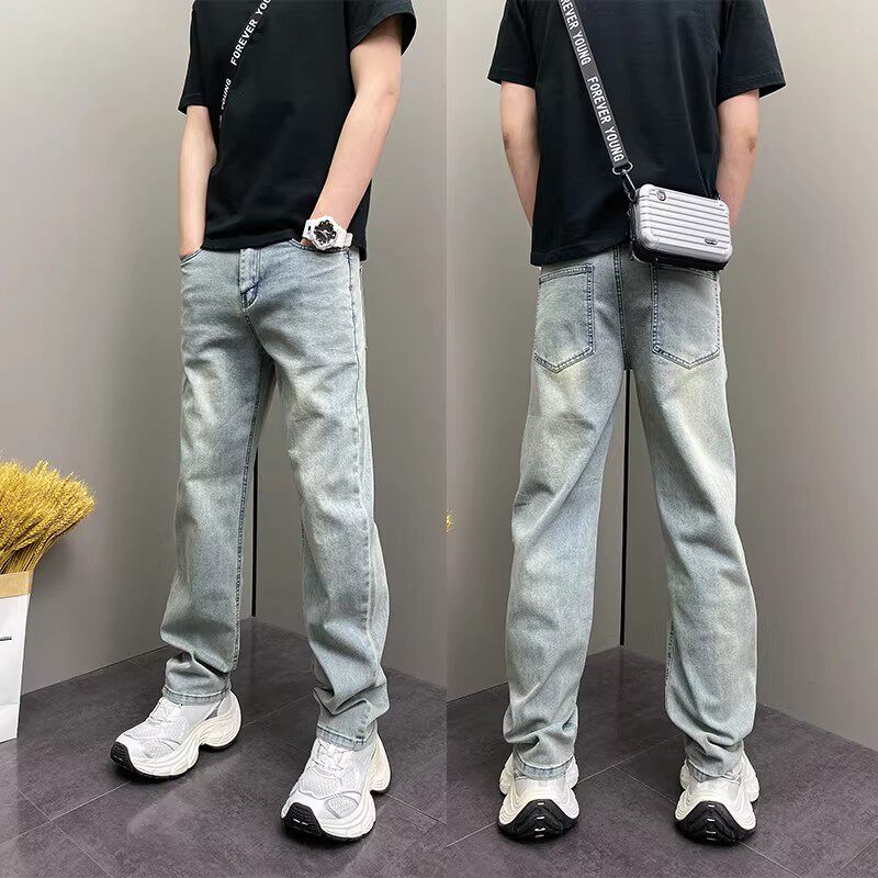 春夏季潮牌百搭痞帅水洗浅色系宽松哈伦直筒休闲户外男士牛仔裤子