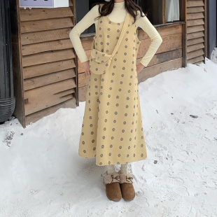 实拍 韩系风花朵毛呢显瘦背心裙冬春高级感打底叠穿两件套配包包