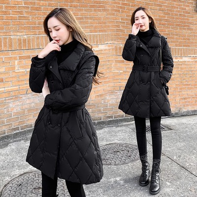 2025新款女装冬季修身收腰中长款羽绒服女黑色显瘦菱形格外套立领
