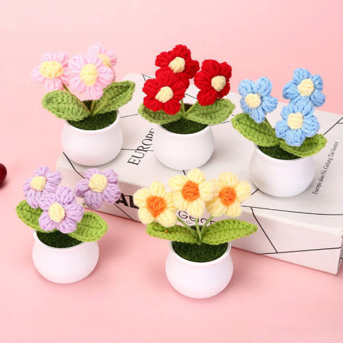 欧美热销泡芙花向日葵花小盆栽教师节礼物家居摆件钩织盆栽摆件