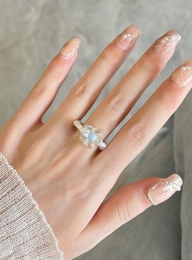 跨境彩色串珠花朵泫雅风戒指可爱甜美百搭手饰女饰品批发指环