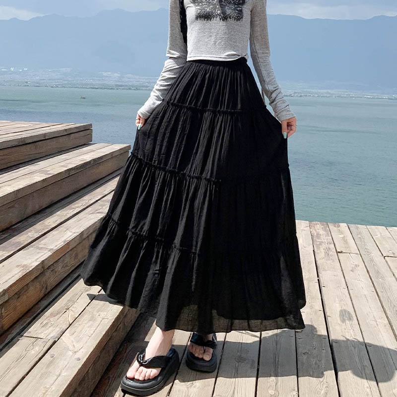 粉色蛋糕裙女夏季2024新款高腰蓬蓬裙小众中长款气质a字半身裙子