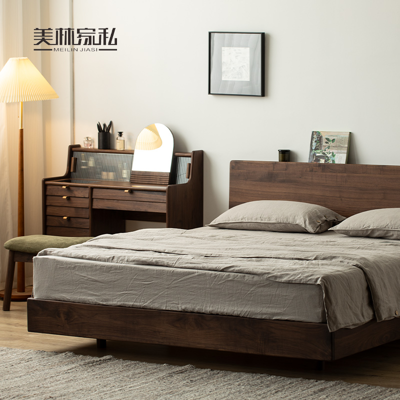 黑胡桃木梳妆台北欧复古小户型日式简约实木化妆桌书桌收纳柜一体