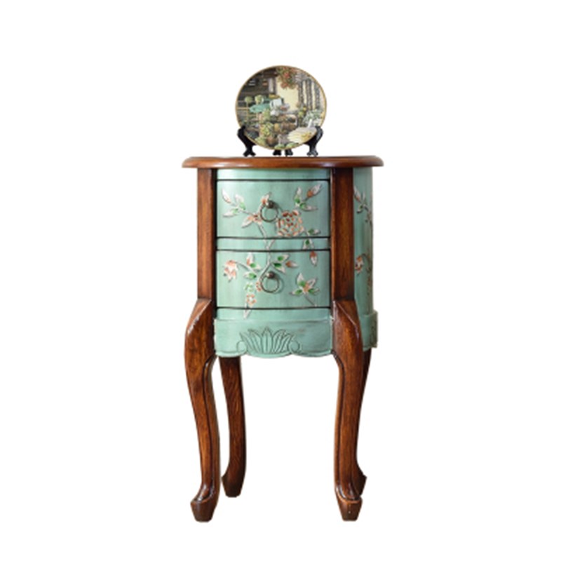 美式乡村实木沙发边几角几复古彩绘客厅小圆桌茶几小户型床头斗柜