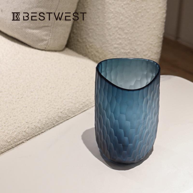 Bestwest冷色直通磨砂蜂窝纹水培玻璃花瓶摆件样板间软装饰品