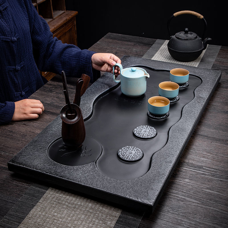天然乌金石茶盘套装简约家用办公港石茶海中式大小号茶台整块石头