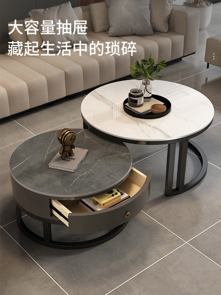 折叠岩板圆形沙发茶几客厅家用小户型茶桌玻璃极简轻奢感简易