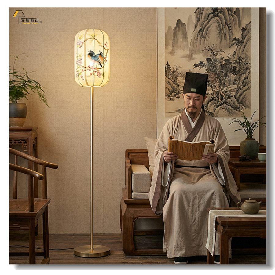 中式手绘花鸟落地灯宋风卧室氛围
