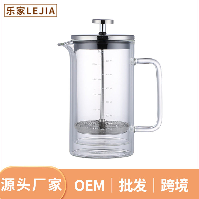 定制双层法压壶批发1000ml手冲咖啡滤压壶家用耐热透明玻璃冲茶器