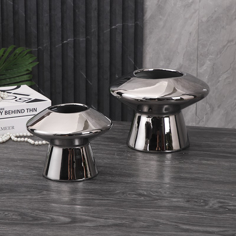 现代创意电镀银色陶瓷蘑菇花瓶摆件客厅桌面插花器饰品软装干花