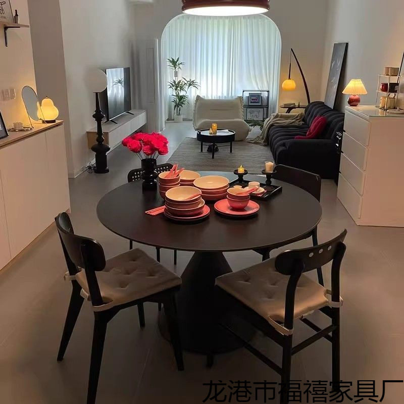 法式洽谈桌岩板圆形餐桌纯白色现代简约圆桌小户型家用饭桌椅组合