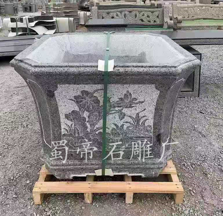 石雕花盆 青石仿古石雕鱼缸花盆 家用户内外装饰仿古石材鱼缸花盆