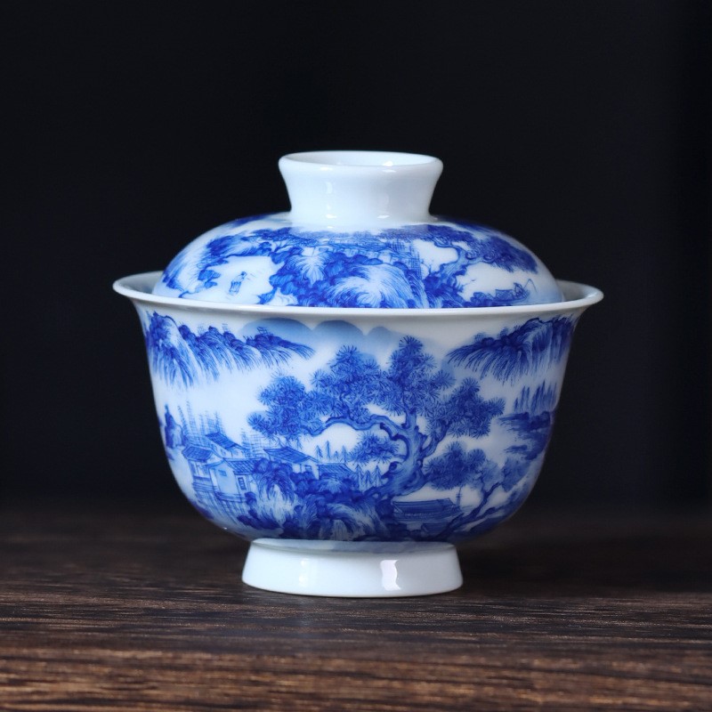 手绘山水二才盖碗青花瓷满绘仿古高端功夫泡茶杯茶具不烫手敬茶碗