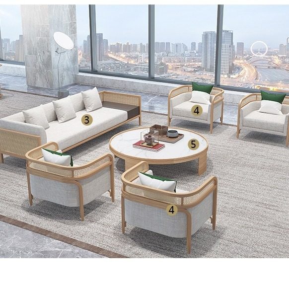 售楼处中式简约实木藤编卡座家具酒店民宿接待区洽谈沙发茶几组合