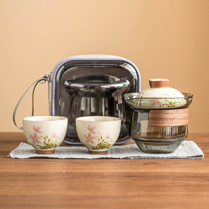 厂家小雏菊旅行茶具套装便携式户外泡茶玻璃手抓壶快客杯一壶二杯