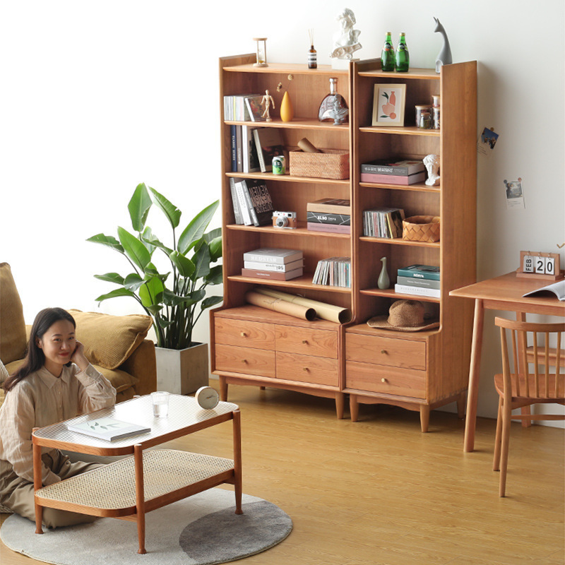 北欧实木书柜简约客厅樱桃木落地书架书房展示柜立柜日式储物高柜