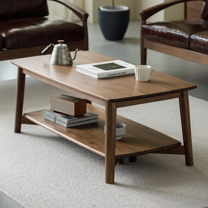 现代简约黑胡桃木全实木茶几客厅家用茶台双层北欧小户型原木茶桌