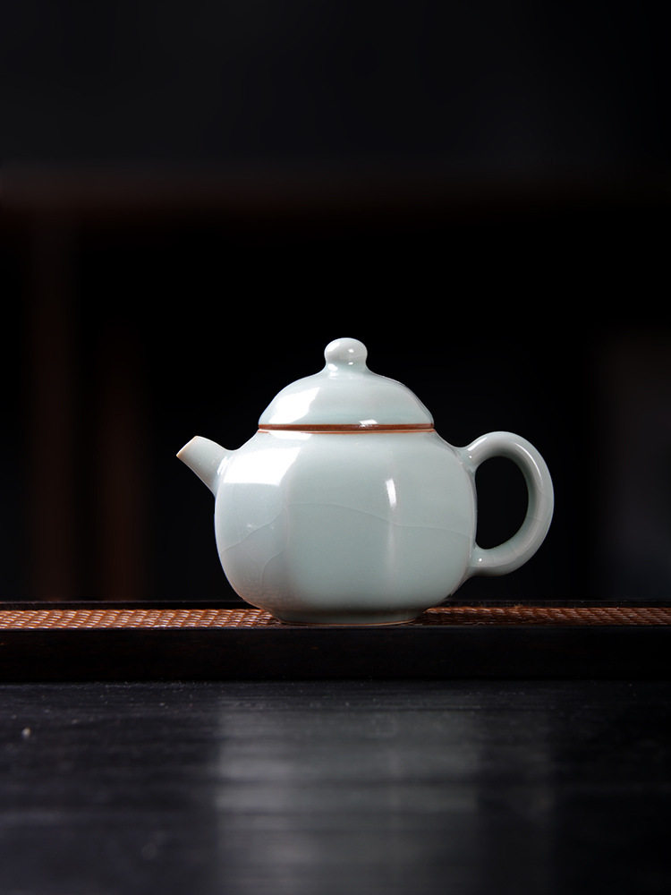 天青汝窑六方灯笼壶开片可养茶壶陶瓷茶具中式纯色汝瓷泡茶壶单壶