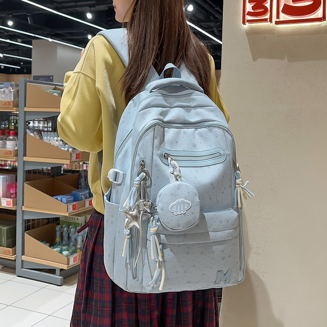 书包女初中高中生星星印花背包轻便百搭双肩包森系大学生通勤包