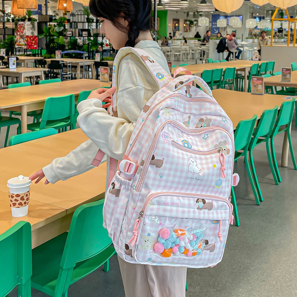 可爱风格子双肩包女学生高颜值书包大容量电脑包卡通背包初中生