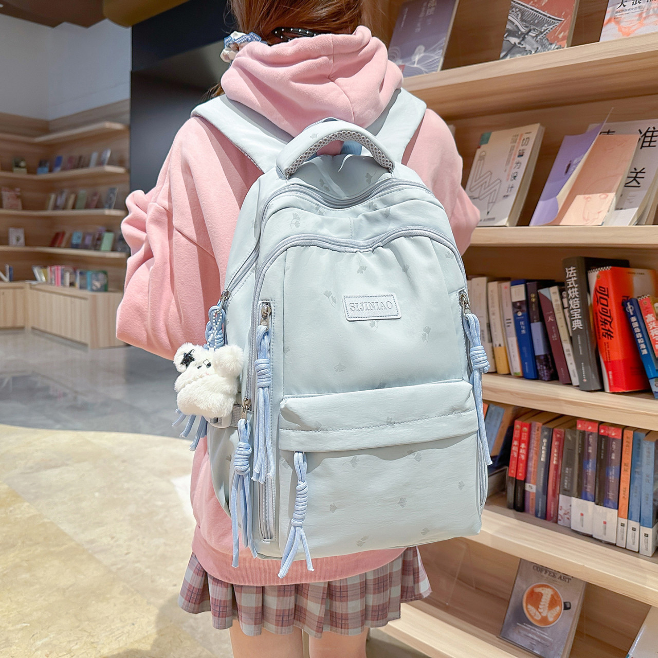 韩式风双肩包女学生高颜值大容量初中生高中生大学生书包可爱蓝色