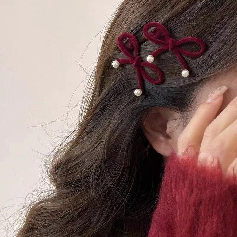 2025新款秋冬红蝴蝶结珍珠发夹女气质丝绒刘海侧边夹头饰网红发卡,饰品/流行首饰/时尚饰品新,耳夹,淘宝优惠券,粉丝福利购,淘宝优惠卷