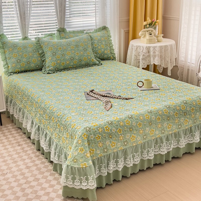2025新款水洗棉麻双层床品花边床盖四件套蕾丝夹棉床笠床垫套,家居饰品,家饰软装搭配套装,淘宝优惠券,粉丝福利购,淘宝优惠卷