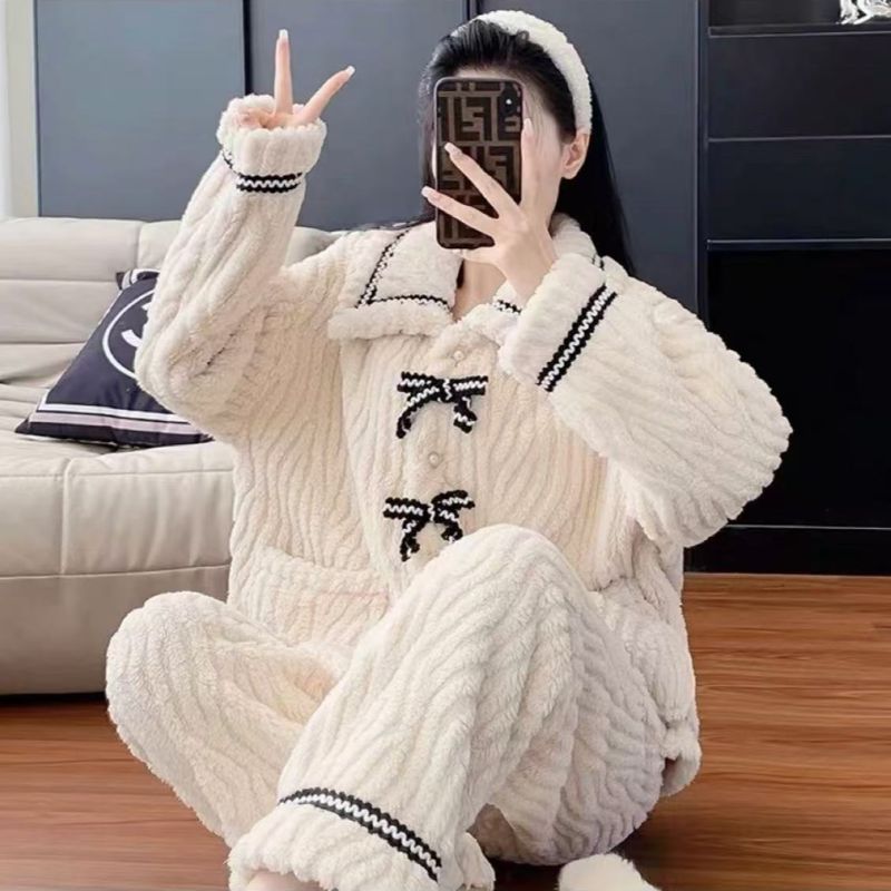 蝴蝶结开衫珊瑚绒睡衣套装女外穿秋冬季加厚保暖甜美家居服