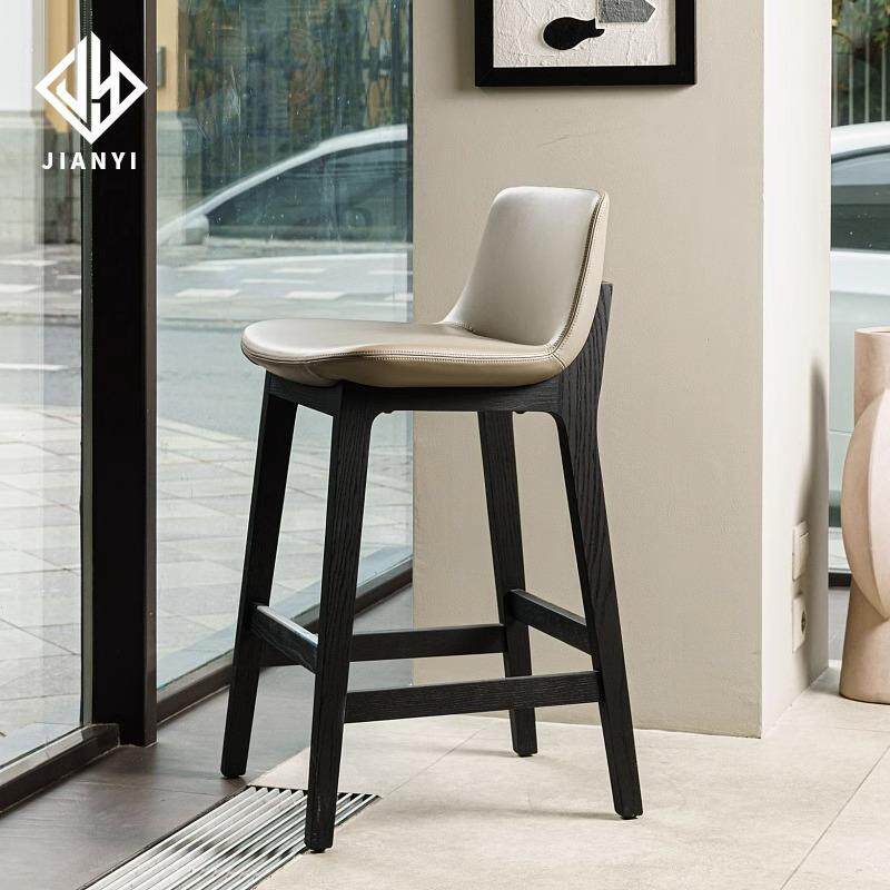 意式极简吧台椅家用实木皮质高脚凳吧台凳现代轻奢酒吧椅岛台椅子