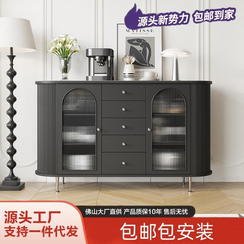 现代轻奢玄关柜入户收纳柜法式复古黑色餐边柜简约实木岩板储物柜